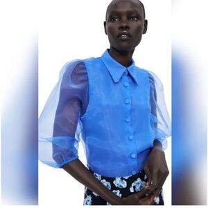 ZARA Blue Organza Puff Sleeve Button Up Sheer
Blouse